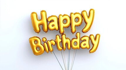 A photostock of a "Happy Birthday" golden balloon text on a clean white background, ideal for celebratory and party-related designs. High Quality