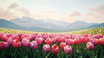 Vibrant Tulip Fields with Mountain Backdrop in Soft Evening Light