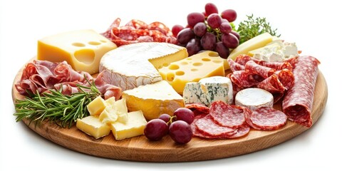 Charcuterie board with assorted cheese, meat, and grapes on white background