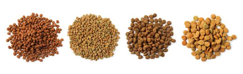 Dry pet food on white background, top view. Set