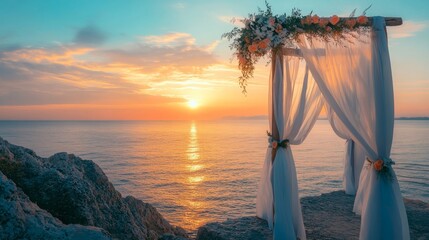 A picturesque destination wedding setup overlooking the ocean at sunset