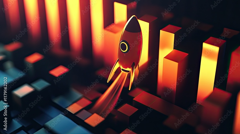 Poster rocket launching over abstract 3d colorful bar chart background