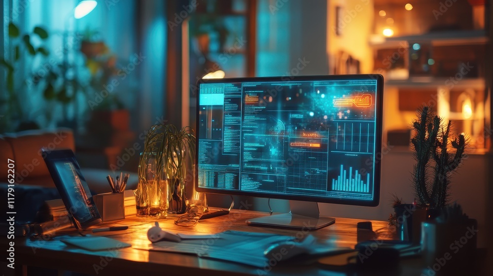 Poster workspace with illuminated screens displaying data analytics at night in a cozy, modern office envir