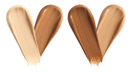 Liquid foundation of different shades on white background, set. Top view