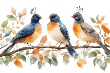A watercolor illustration of three colorful birds perched on a branch among leaves.