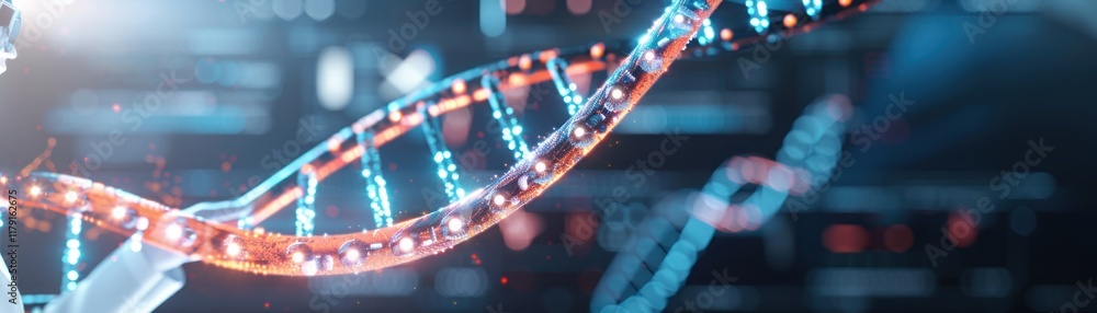 Poster close-up of dna helix with glowing elements on futuristic background