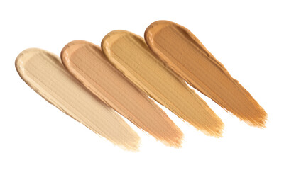 Liquid foundation of different shades on white background, set. Top view