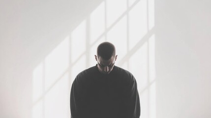 Man in Dark Clothing with Head Bowed Under Soft Light
