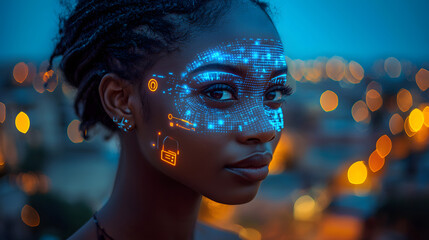 Female cyborg head with abstract digital interface. Artificial intelligence and future concept. Double exposure
