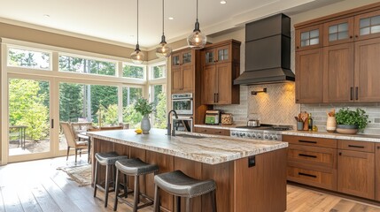 Modern kitchen with wooden cabinetry, island, and large windows overlooking greenery.