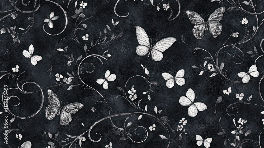 Poster a seamless gothic garden pattern of delicate butterflies and swirling vines, creating an intricate a