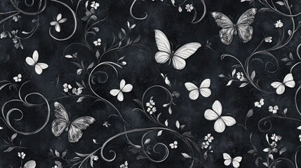 A seamless gothic garden pattern of delicate butterflies and swirling vines, creating an intricate and elegant look