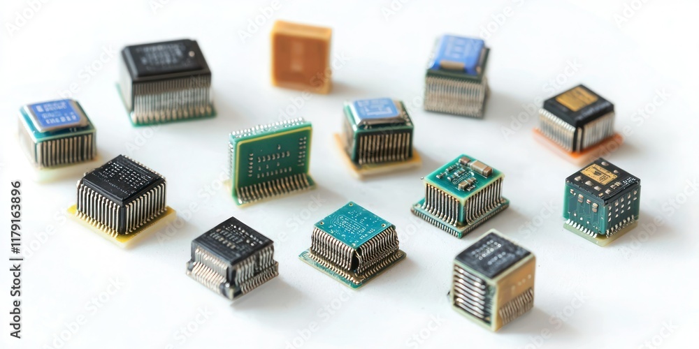 Poster collection of cpu computer microchips technology on white background.