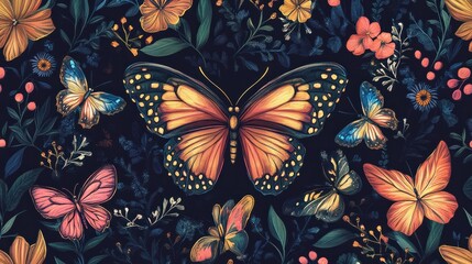 A seamless gothic garden pattern with butterflies in vibrant jewel tones and intricate flowers on a dark background