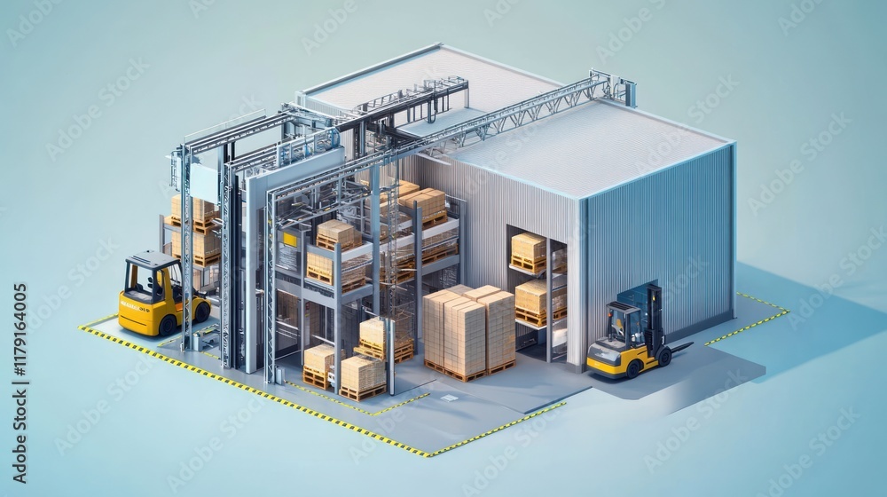 Poster automated warehouse with forklifts loading and unloading cardboard boxes.