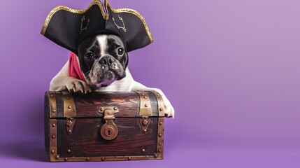 Fototapeta premium A French bulldog wearing a pirate hat and bandana, looking over the edge of a treasure chest.