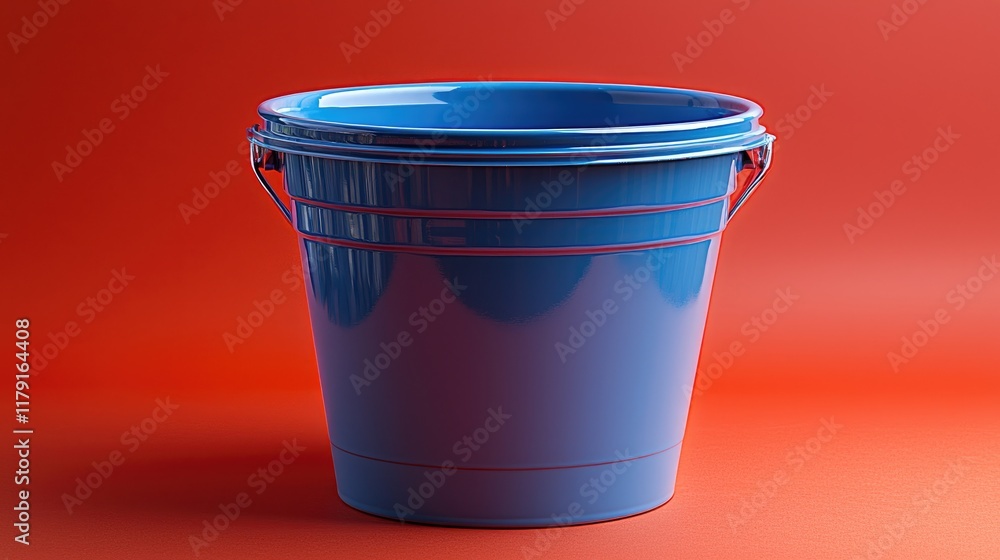 Poster a pristine blue bucket, gleaming against a vibrant red backdrop. this image showcases the simple bea