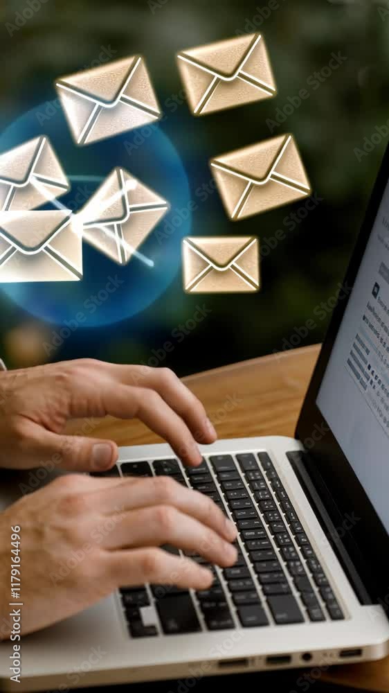 Poster hands type on a laptop keyboard while digital envelopes float above, symbolizing email communication