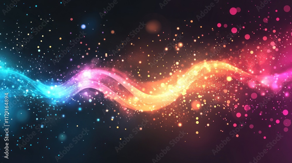 Poster abstract colorful glowing wave with sparkling particles on dark background.