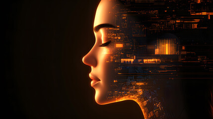 Female cyborg head with abstract digital interface. Artificial intelligence and future concept. Double exposure