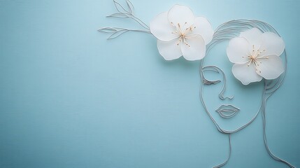 Minimal Woman Portrait. Wire Drawing, Decorated with White Flowers, Gentle Blue Background