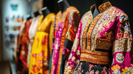 Close-up of vibrant traditional costumes on mannequins, detailed embroidery and patterns, dynamic museum display with cultural preservation emphasis