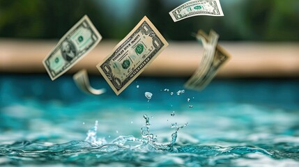 Financial forecast inflation concept. A splash of water with floating dollar bills above, symbolizing the concept of money, wealth, and financial opportunities in a dynamic setting.