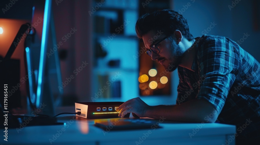 Poster nighttime tech focus: man working on computer