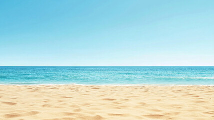 Obraz premium Tropical sandy beach and turquoise ocean water with bright blue sky on sunny summer day in paradise minimalist landscape