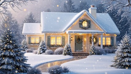 Naklejka premium A beautiful winter wonderland scene depicting a cozy home during winter time, set against a backdrop of gentle snowfall
