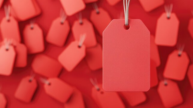 A close-up of a single red tag against a backdrop of multiple red tags, highlighting their texture and color.