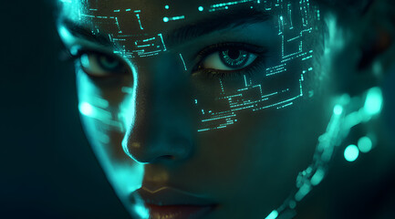Female cyborg head with abstract digital interface. Artificial intelligence and future concept. Double exposure