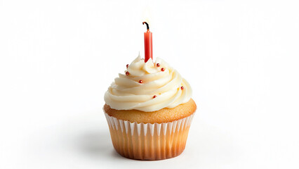 A small New Years cupcake topped with creamy frosting and a festive candle, set against a clean white background