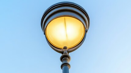 Vintage street lamp with warm glow against clear blue sky during evening twilight ambiance lighting