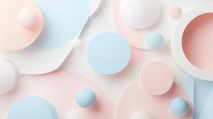A 3D mural wallpaper featuring abstract geometric shapes in soft pastel tones on a light background, adding a modern aesthetic