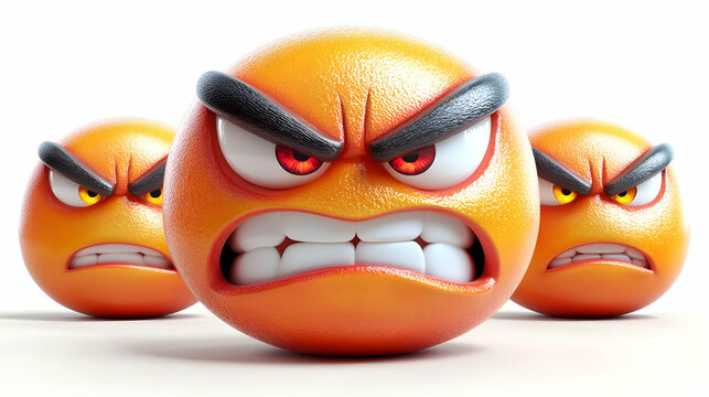 3D Orange Emojis Show Anger with Frowning Expressions and Glaring Red Eyes on a White Background