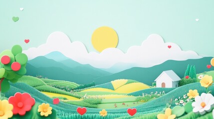 Fototapeta premium Idyllic paper-cut landscape with house, sun, flowers, and hearts.