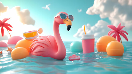 3D Flamingo in Sunglasses Enjoys a Tropical Drink in a Colorful Pool Surrounded by Inflatable Objects