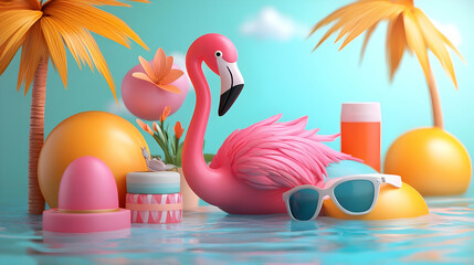 Obraz premium 3D Flamingo Floats in a Pool with Tropical Plants, Sunscreen, and Sunglasses
