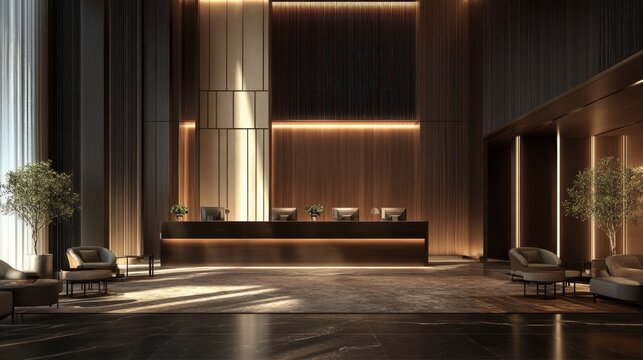 Luxurious hotel lobby with modern reception desk, comfortable seating, and natural light.
