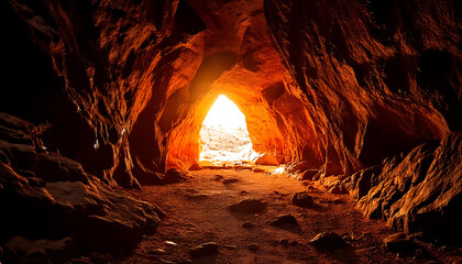 Dramatic sunlit cave entrance.  Warm, earthy tones create a mystical, adventurous feel. Perfect for travel, adventure, or spirituality projects.  High-resolution image ideal for print or web use.