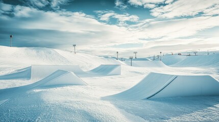 Winter Landscape with Snowy Terrain and Ski Slopes Under Clouds