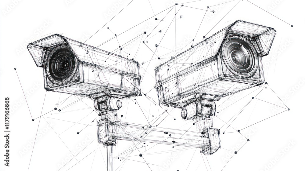 Poster two security cameras connected by a network, depicted in a wireframe style.