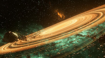 Cosmic Scene with Glowing Nebulae, Distant Galaxies, and Planetary Ring System in Turquoise and Amber Hues Against Grainy Backdrop of Infinite Depth