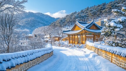Fototapeta premium Serene Winter Scene of Traditional House in Snowy Landscape