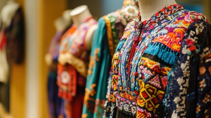 Close-up of vibrant traditional costumes on mannequins, detailed embroidery and patterns, dynamic museum display with cultural preservation emphasis