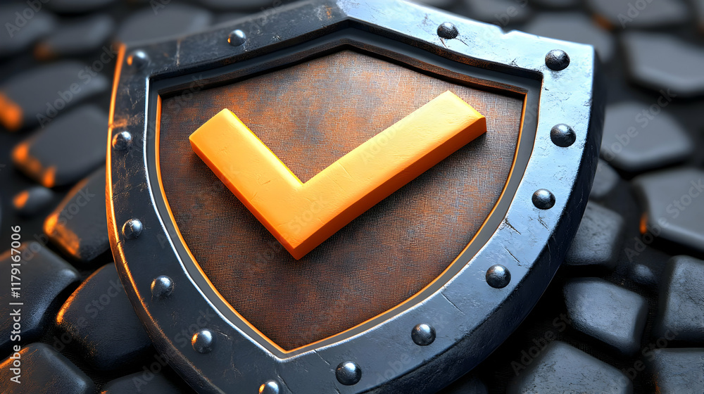 Aufkleber 3d rendered metallic shield displays a gold check mark symbol on textured background, symbolizing se