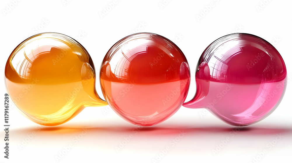 Poster three glossy speech bubbles form a colorful row on white background