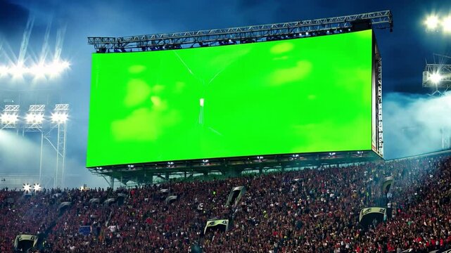 Large green screen displayed in a stadium during a packed sports event