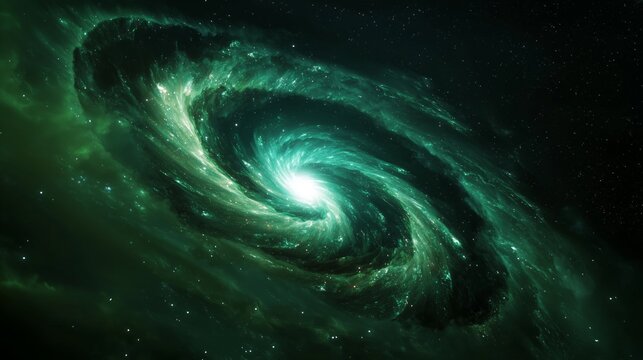 Vibrant Spiral Galaxy in Emerald Green and Electric Blue with Radiant Stars and White-Hot Galactic Core Pulsing Energy Against Black Cosmic Void - Powered by Adobe